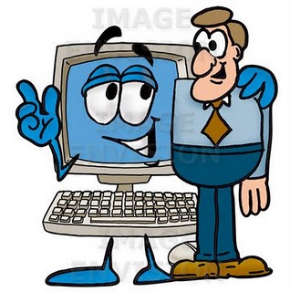 A cartoon of a person and a computerDescription automatically generated
