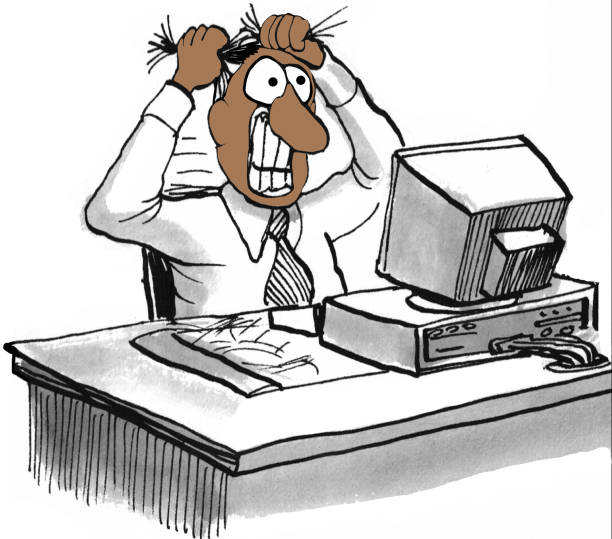 A cartoon of a person holding his hairDescription automatically generated